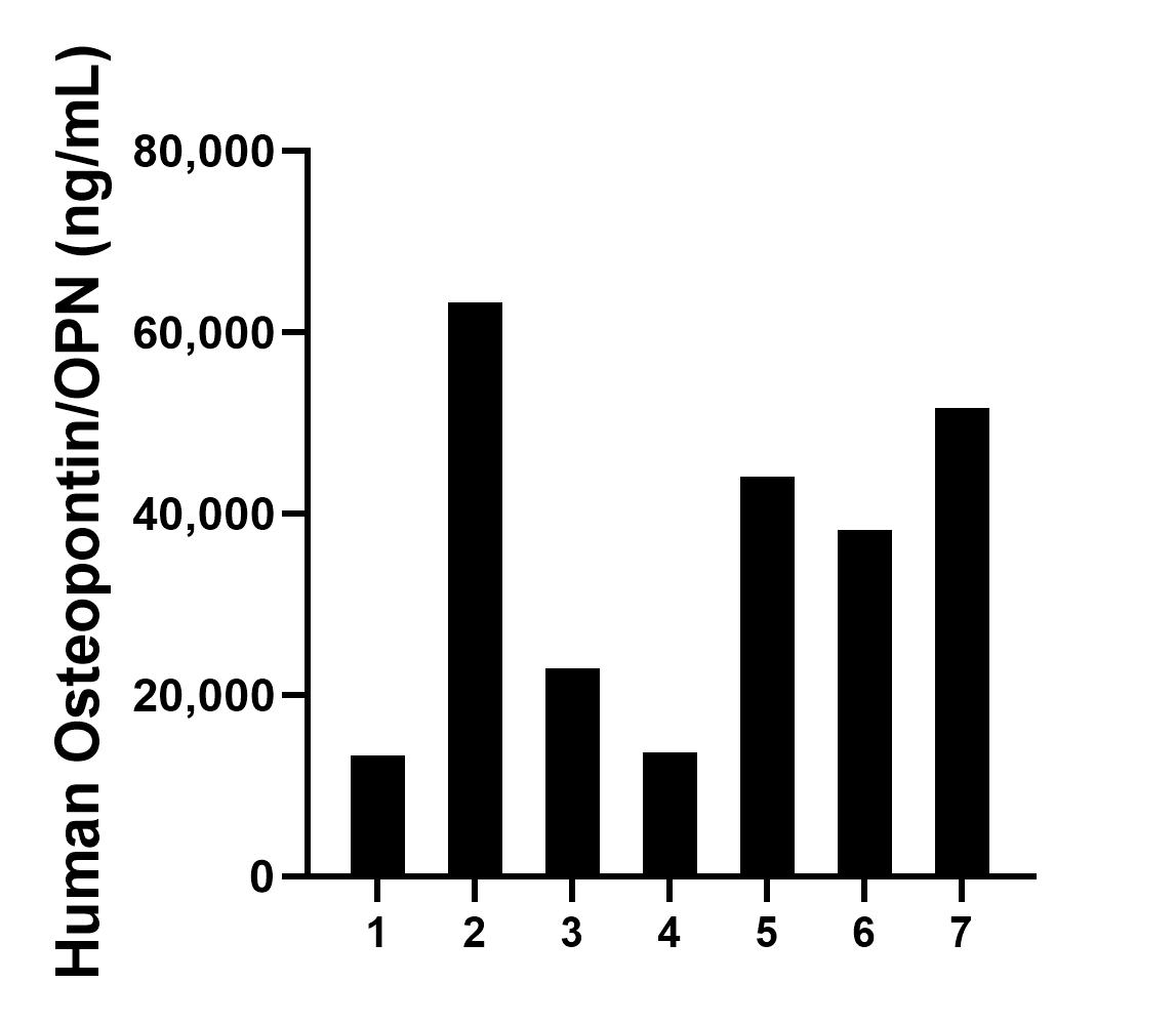 Milk of seven individual healthy human donors was measured. The Osteopontin concentration of detected samples was determined to be 35,304.3 ng/mL with a range of 13,338.9 - 63,338.0 ng/mL.